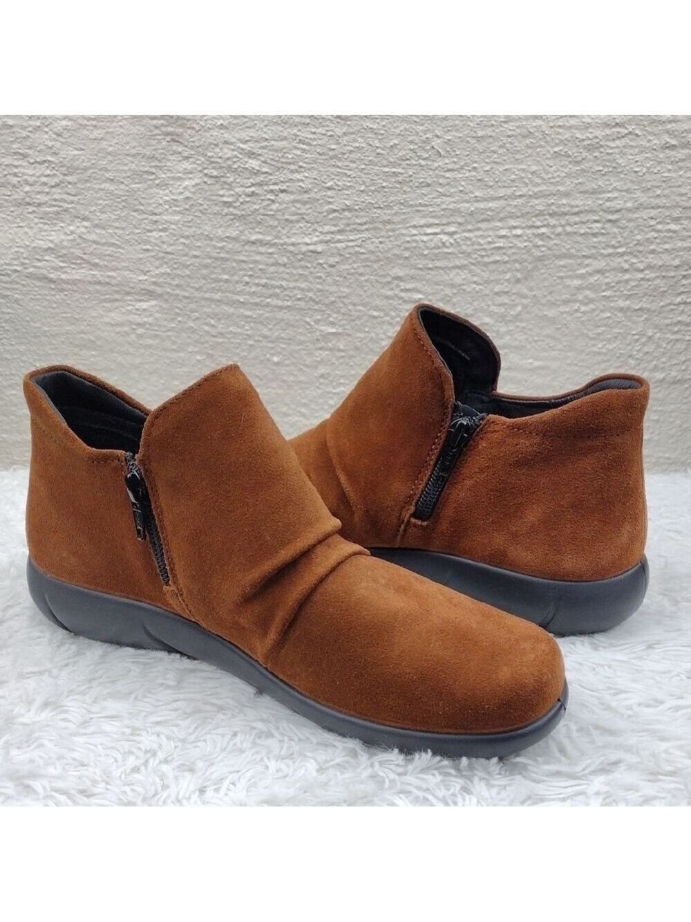 hotter Marly Cognac Brown Suede Leather Round Toe Side Zip Wedge Heel Ankle Boot